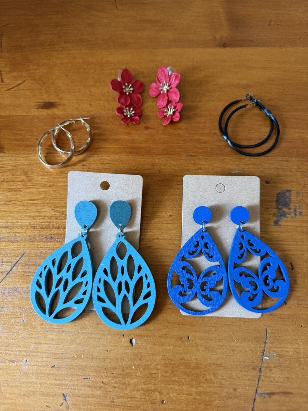 Colorful Statement Earring Lot Wood Cutout Teardrops Floral Hoops Bundle 5 Pair